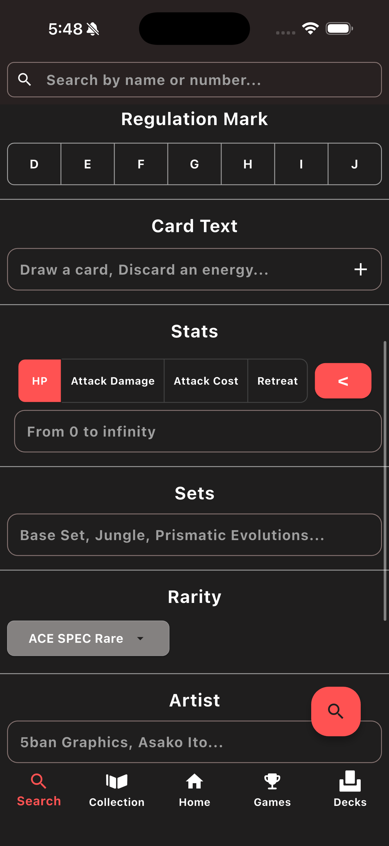 Advanced search filters for regulation mark, card text, HP and attack stats, sets, rarity and artist