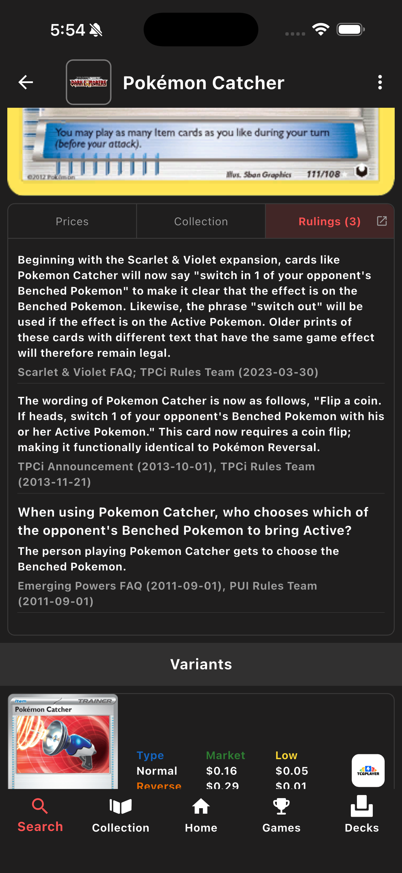Card detail for Pokémon Catcher showing three official rulings with their sources and dates