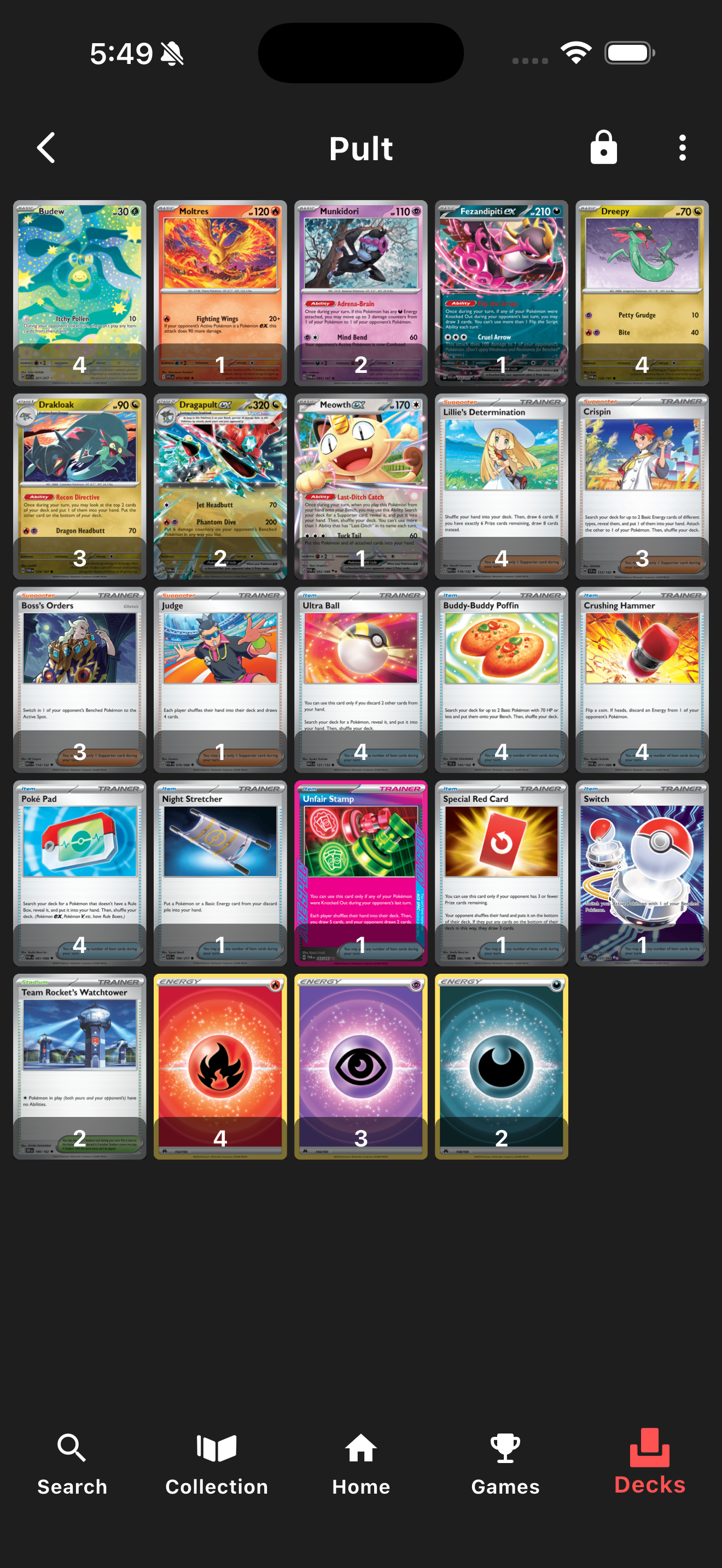 Deck builder showing a 60-card deck as a grid of card images with a copy count on each card