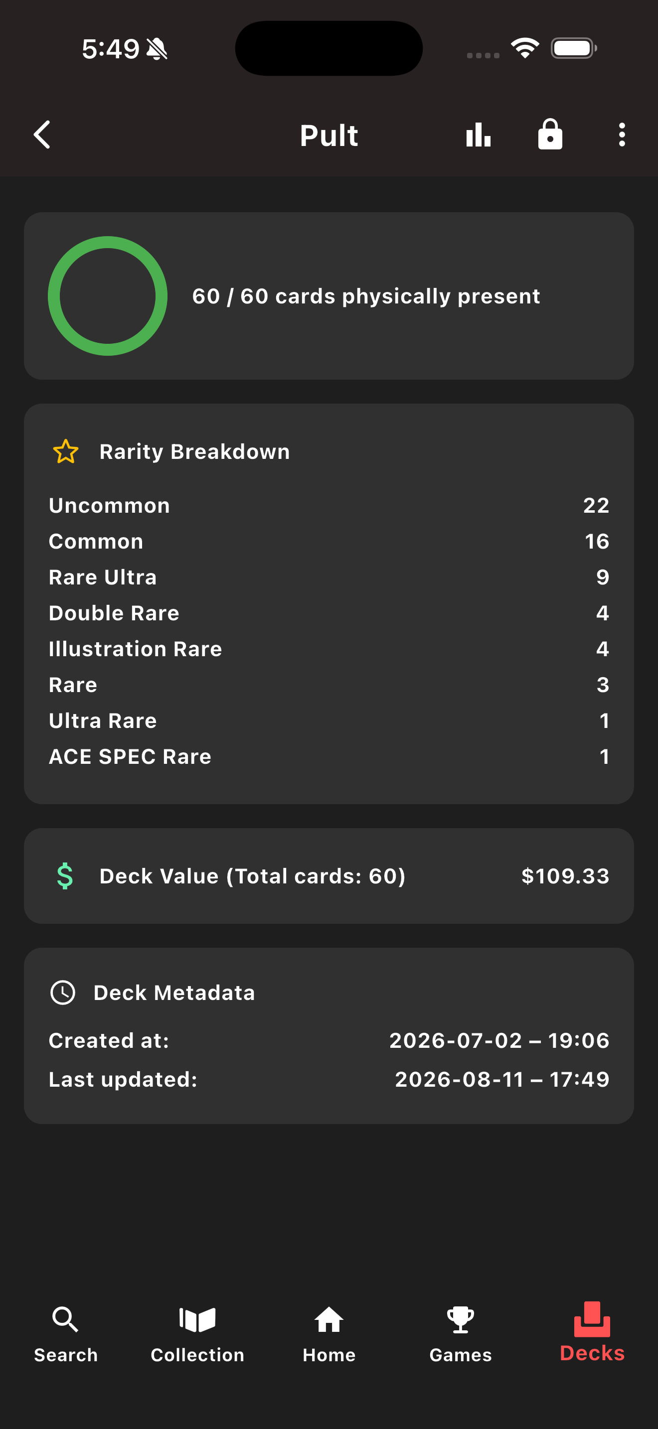 Deck insights screen with cards physically present, a rarity breakdown, total deck value and creation dates