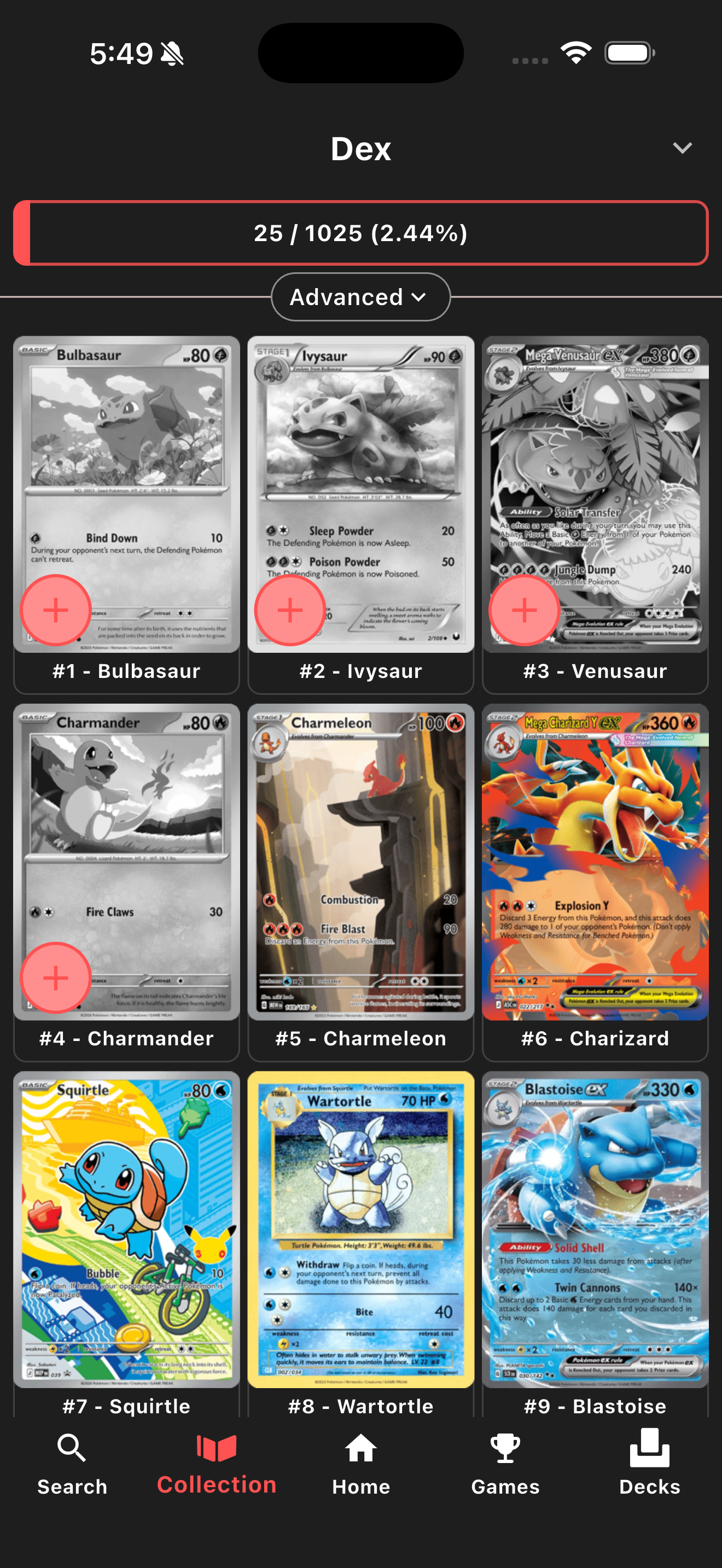 Pokédex screen showing 25 of 1025 species collected, with uncollected cards in greyscale and collected ones in colour