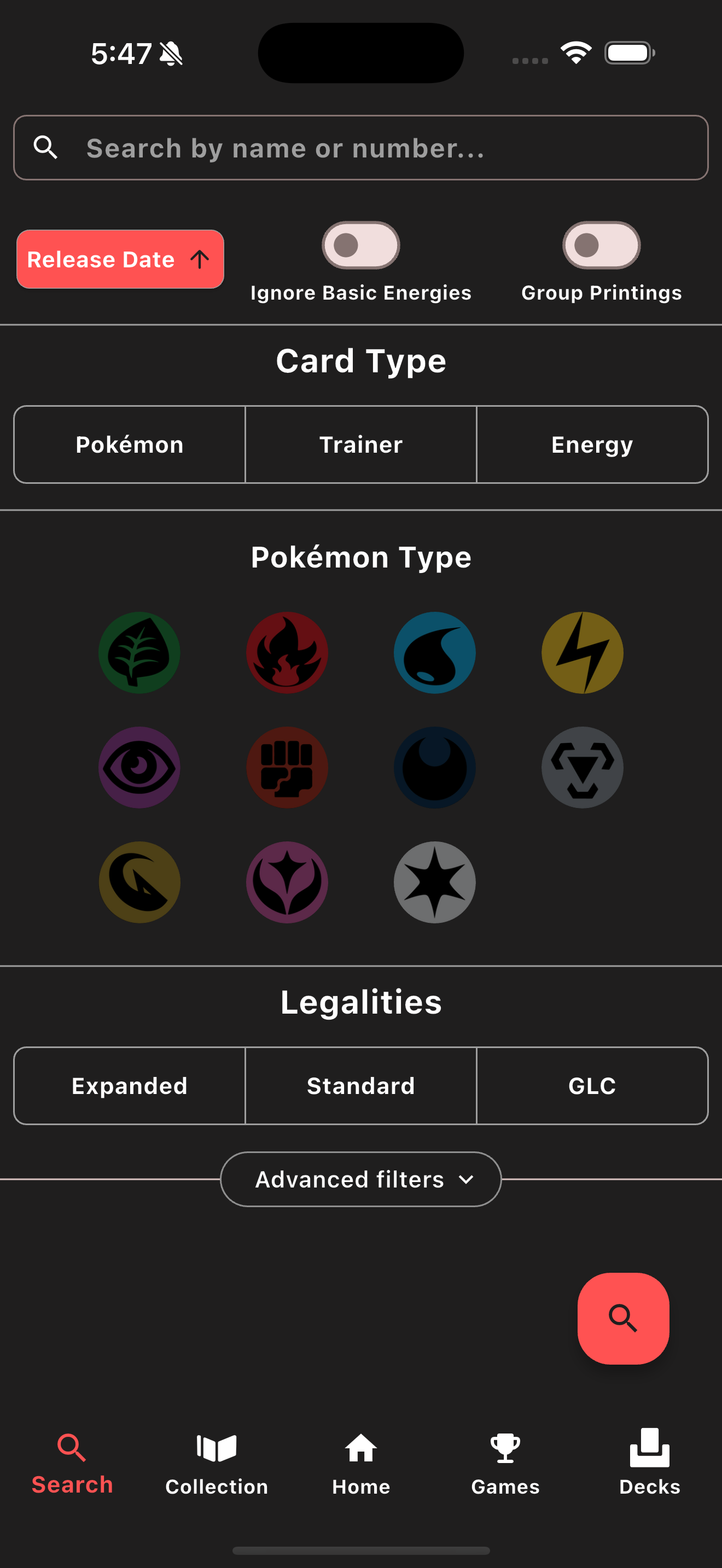 TrainerBox search screen with filters for card type, Pokémon type, and Standard, Expanded or GLC legality