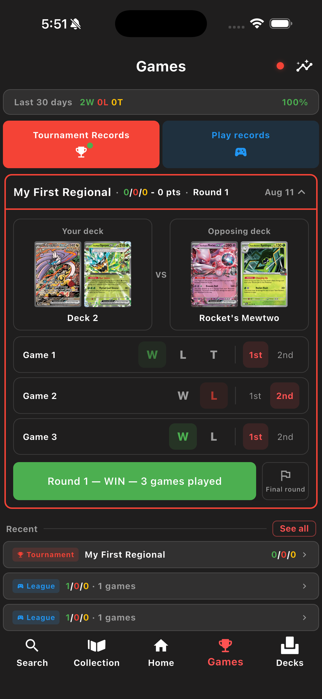 Games screen tracking a tournament round: your deck versus the opposing deck, with win, loss and turn-order results per game
